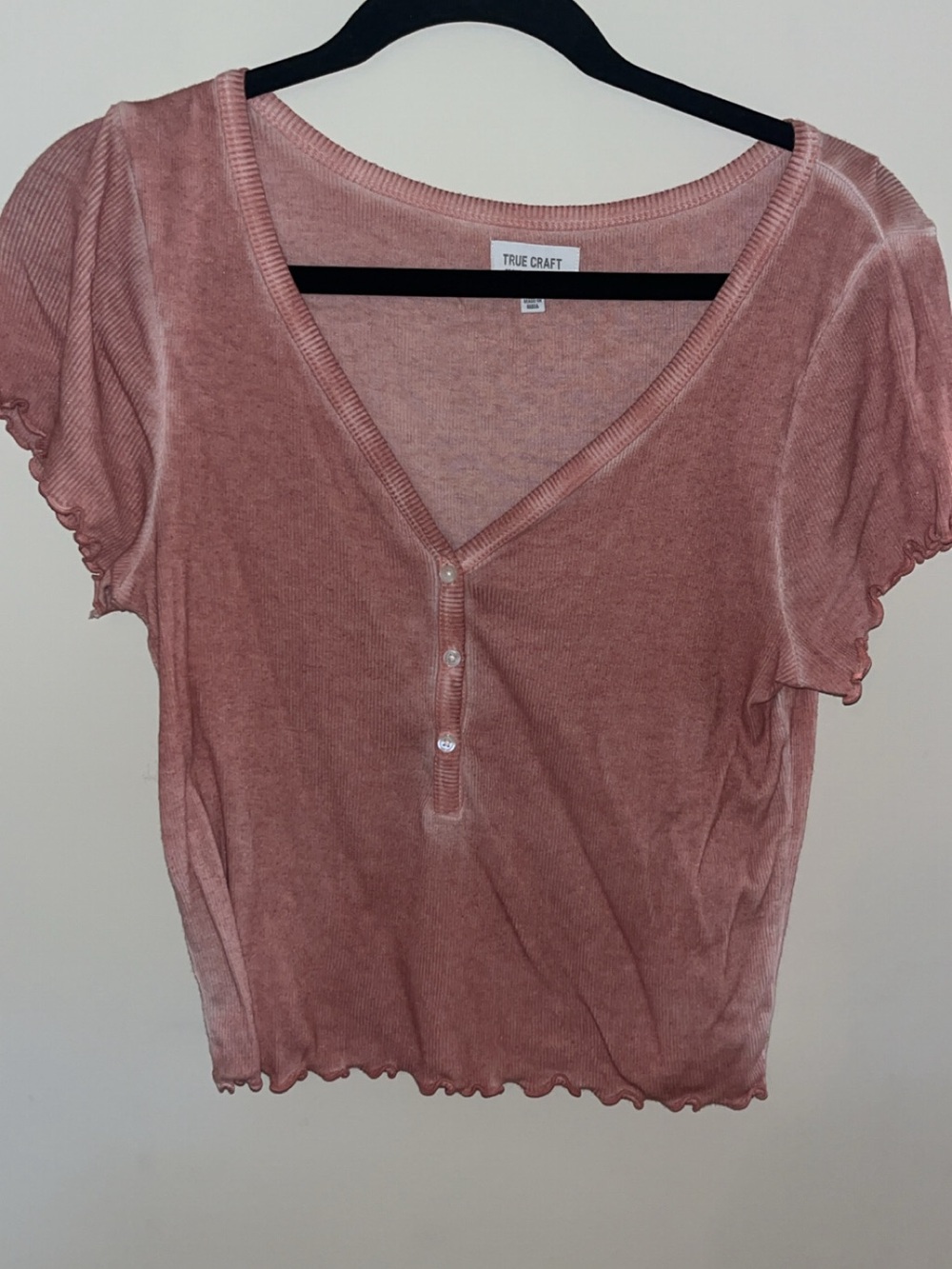 True Craft Dusty Rose Henley Crop Top with Lettuce Edge